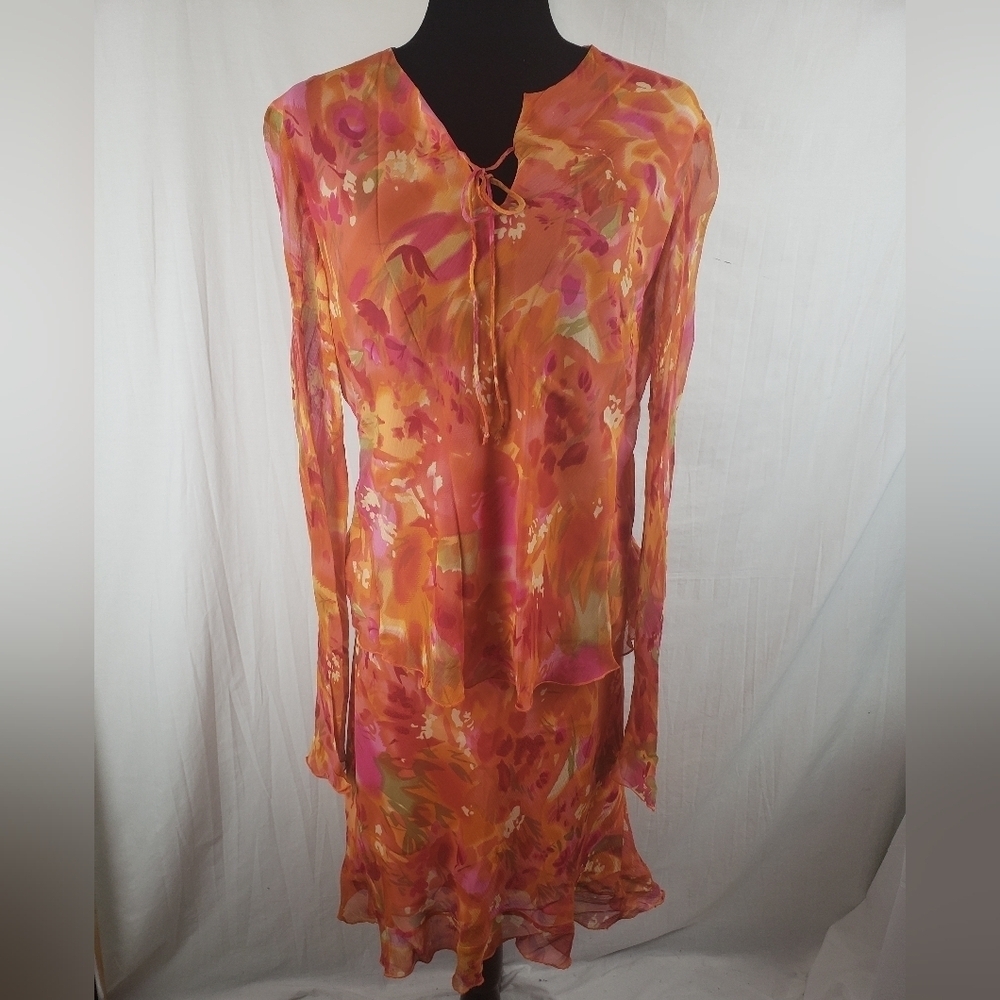 Chelsea and Violet Vintage Orange Floral Silk VNeck Top/Skirt Casual Fit Sz XL